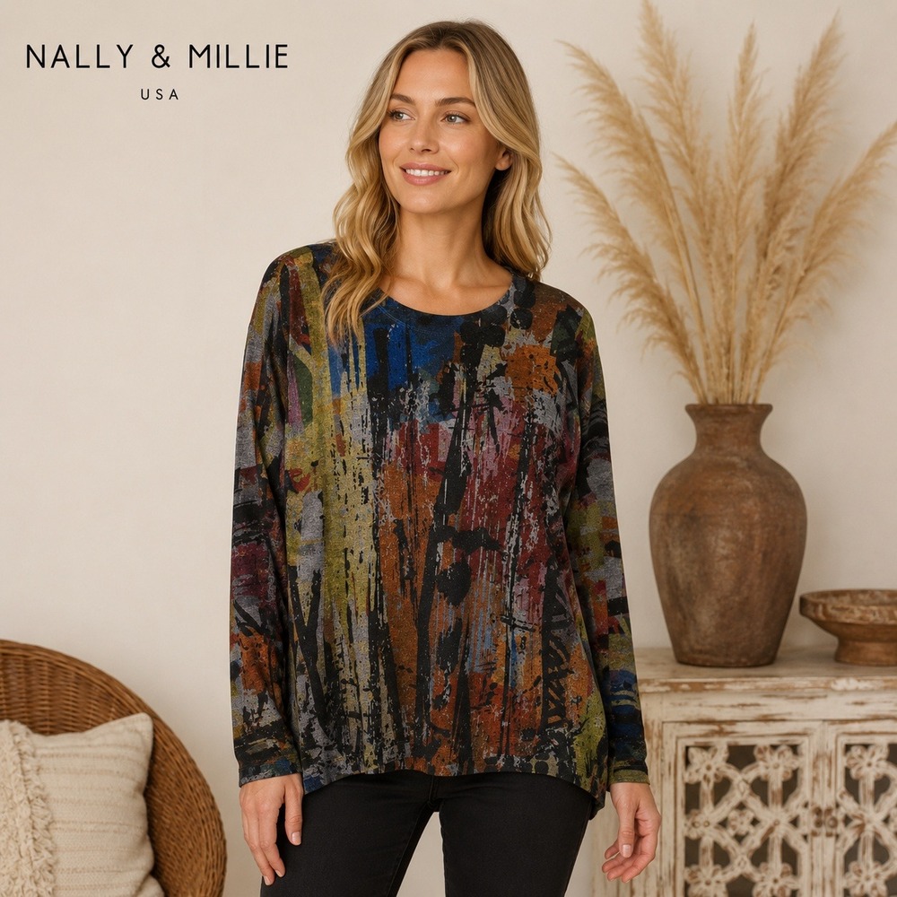 Nally & Millie Womens XL Abstract Brushstroke Print Long Sleeve Top Multi USA